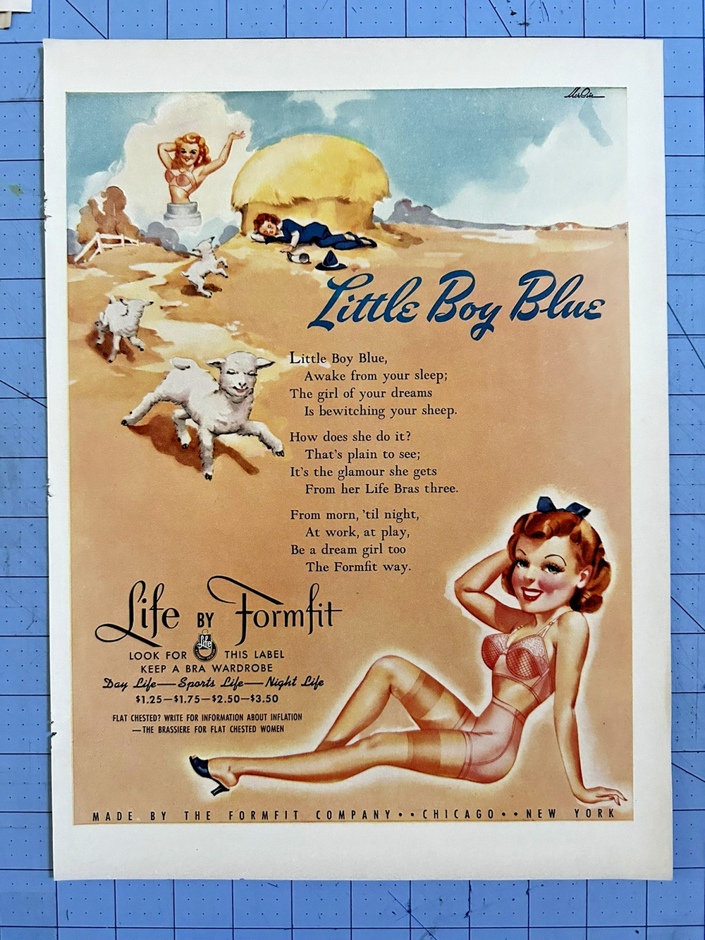 1942 Pinup Life By Formfit Bra Little Boy Blue Sheep Original Print Ad Mag Page